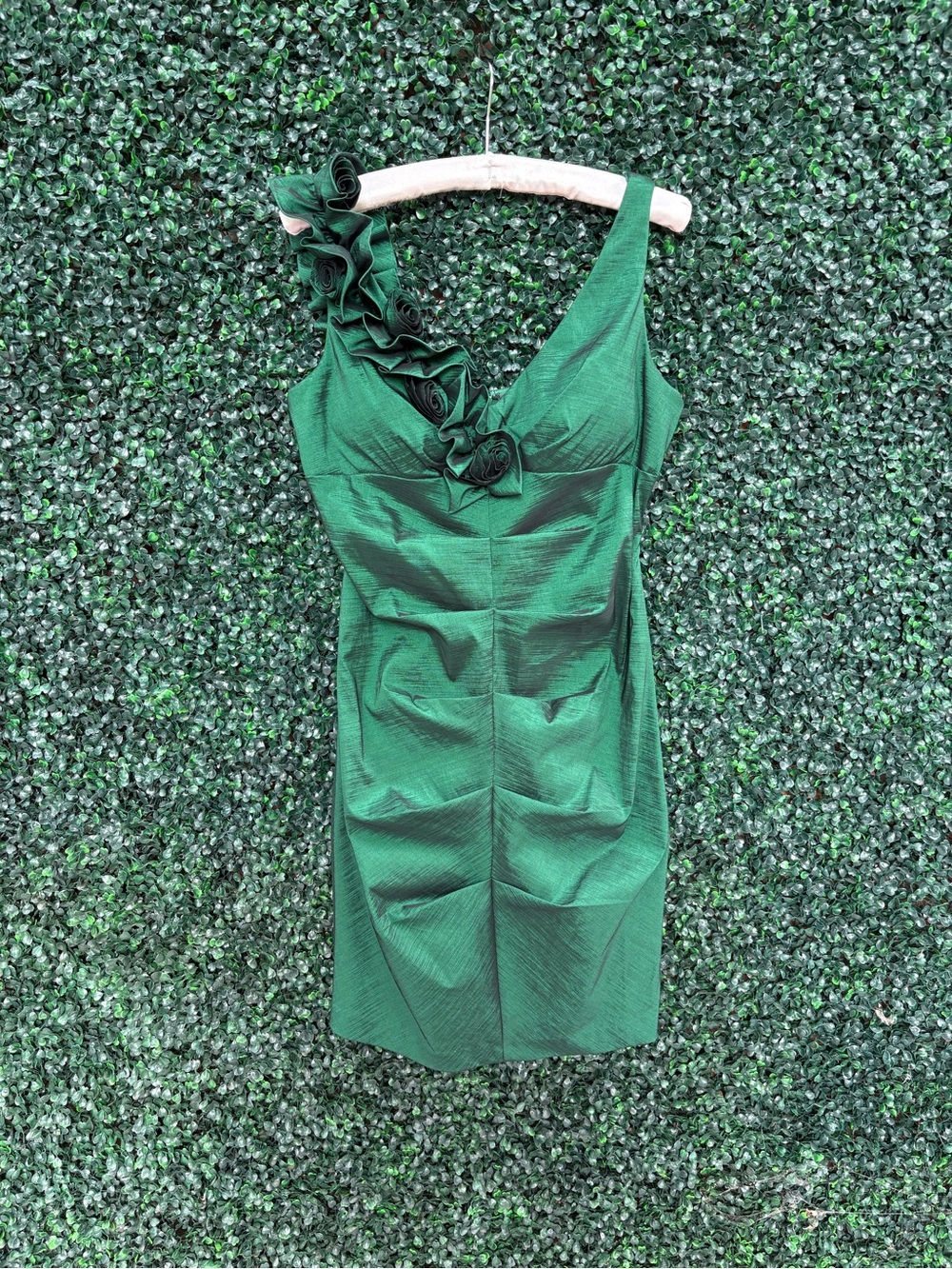 S.L. Fashions Emerald green One-Shoulder Ruffle Sheath Dress.